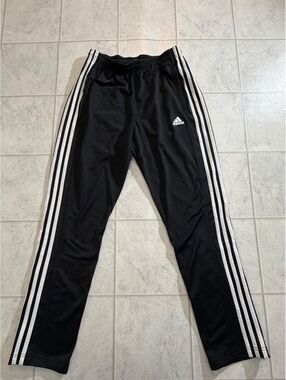 Adidas Black Track Pants with White Stripes, Size M